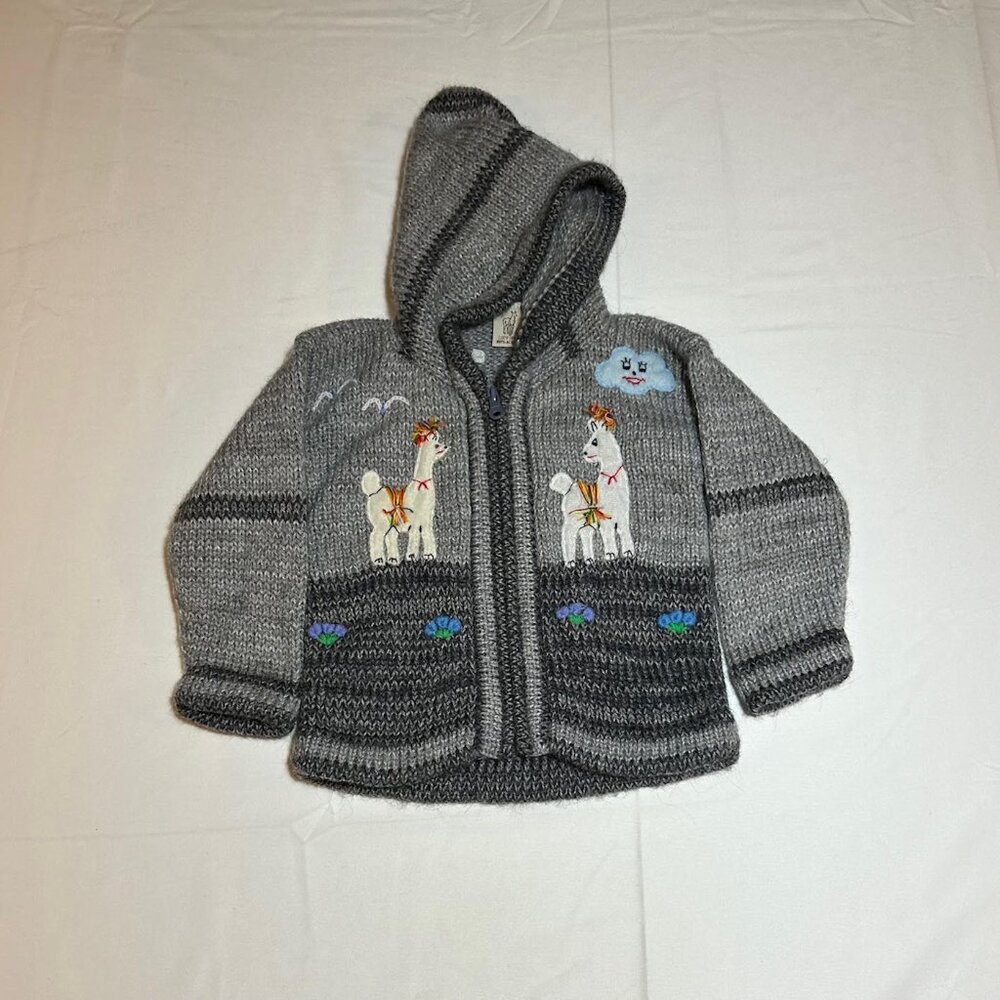 Lucy Iburg Unisex Kids Size 2 Gray LLama Alpaca Peruvian Zipper Hood Sweater